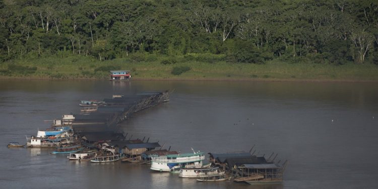 Dezenas de balsas de garimpeiros nas proximidades da comunidade de Rosarinho, em Autazes, no Amazonas. Crédito: © Bruno Kelly/Greenpeace.