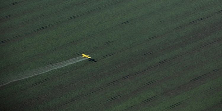 Avião lança agrotóxicos sobre plantação em Riachão das Neves. Esta região é conhecida como "Anel da Soja", e reúne diversas fazendas, processadoras e centros de distribuição de soja e corta os municípios de Luís Eduardo Magalhães, Riachão das Neves, Formosa do Rio Preto e Barreiras, no Cerrado do oeste baiano. Foto: Marizilda Cruppe / Greenpeace