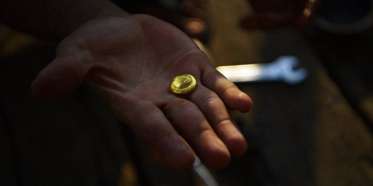 Garimpeiro mostra um pequeno pedaço de ouro a bordo de seu barco no rio Madeira, Porto Velho, no estado de Rondônia, em agosto de 2019. Crédito: Carl de Souza/AFP