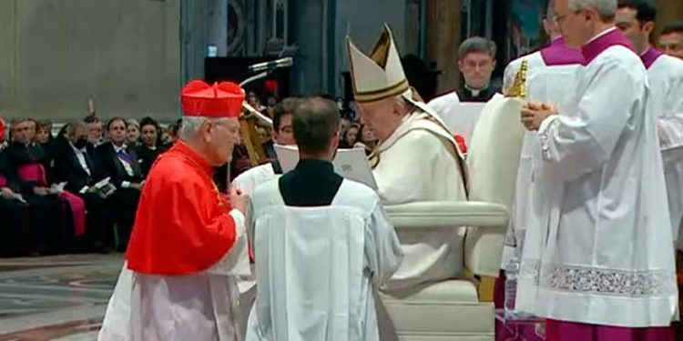 Dom Leonardo Steiner recebe as bênção do papa Francisco na cerimônia do Consistório, no Vaticano (Foto: Reprodução)