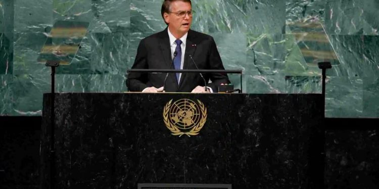 Bolsonaro em seu 4º discurso na abertura da Assembleia Geral da ONU. Foto: Anna Moneymaker/AFP.