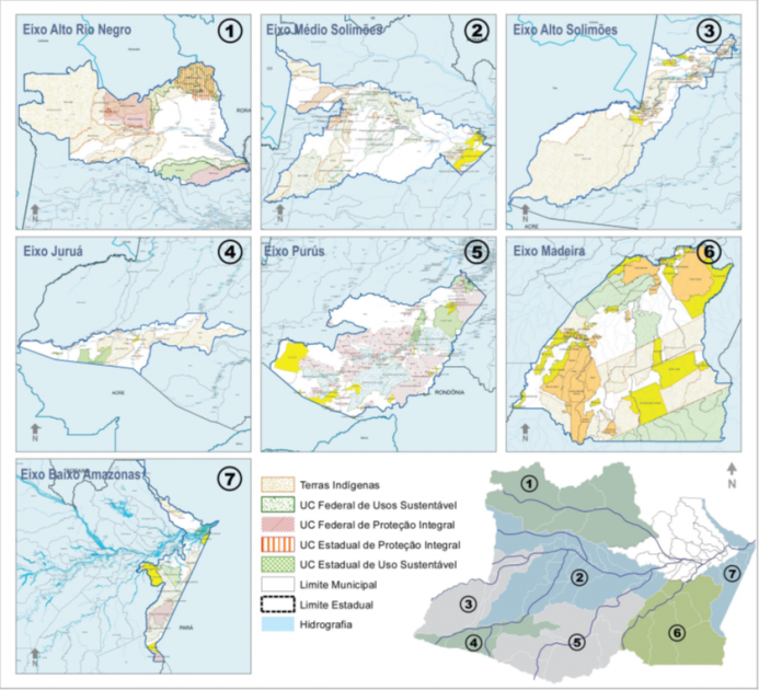 Figura 16: Distribuição das Unidades de Conservação e terras indígenas por eixos