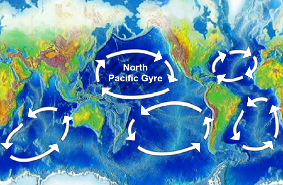 Ilhas de plástico formadas em diferentes oceanos