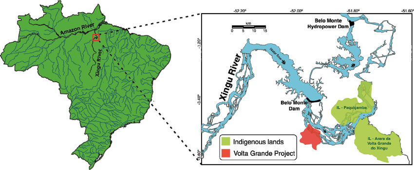 Mapa hidrográfico brasileiro: em destaque o trecho antropizado do Rio Xingu para geração de energia hidrelétrica.