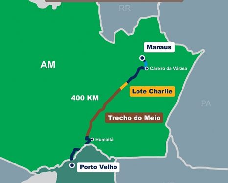 O lote Charlie, de 52 km, e o Trecho do Meio, de 400 km, não estão pavimentados / Reprodução/Ministério da Infraestrutura