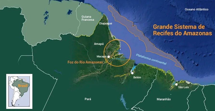 Região da Foz do Amazonas e sua proximidade com os recifes de corais