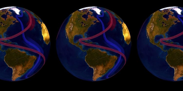 Representação gráfica do grande sistema de correntes oceânicas que promove a circulação do Atlântico (Amoc), que transporta águas quentes para o norte e águas frias para o sul