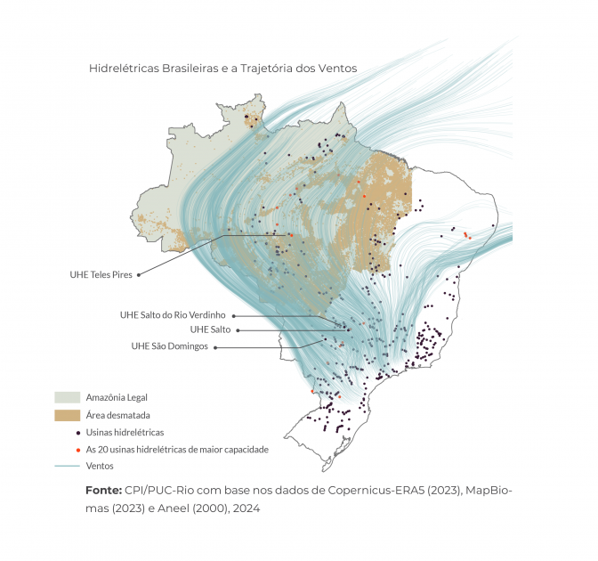 Mapa ilustrativo das hidrelétricas brasileiras e trajetórias dos ventos, que impactam no percurso dos rios voadores