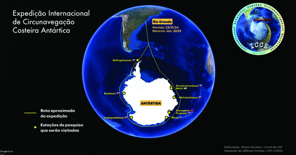 Imagem de satélite da Antártida, com o trajeto da expedição marcado em amarelo e localização das estações de pesquisa que serão visitadas. Missão vai percorrer mais de 20 mil km ao longo de dois meses