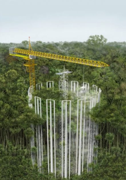 Estrutura na Amazônia conta com seis anéis compostos por 16 torres de alumínio de 35 metros de altura.