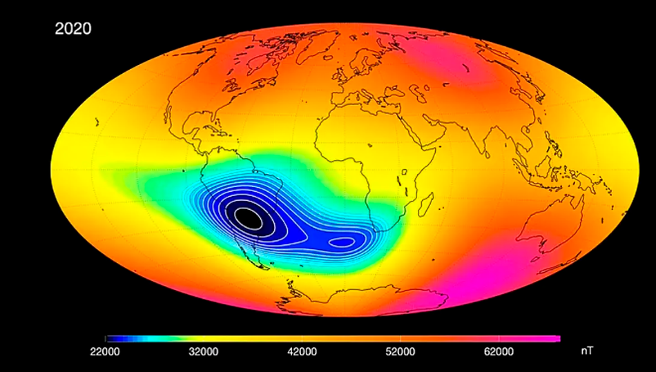 Ilustração da Anomalia Magnética do Atlântico Sul (AMAS), onde o campo magnético da Terra é mais fraco. 