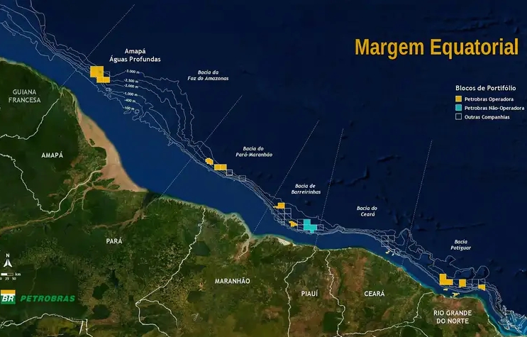 Mapa da Margem Equatorial, área da costa brasileira mais próxima da Linha do Equador.