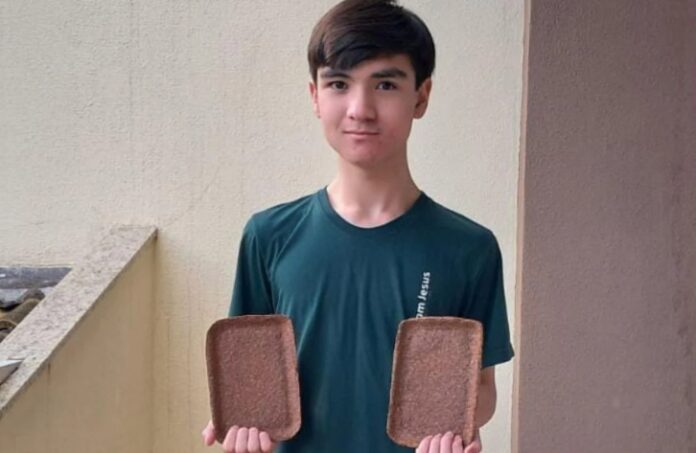 Estudante brasileiro usa casca de mandioca para criar bandeja biodegradável que desaparece em um mês.