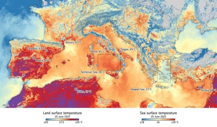 Mapa mostra temperatura da superfície da Europa em meio a ondas de calor no dia 29 de junho deste ano.
