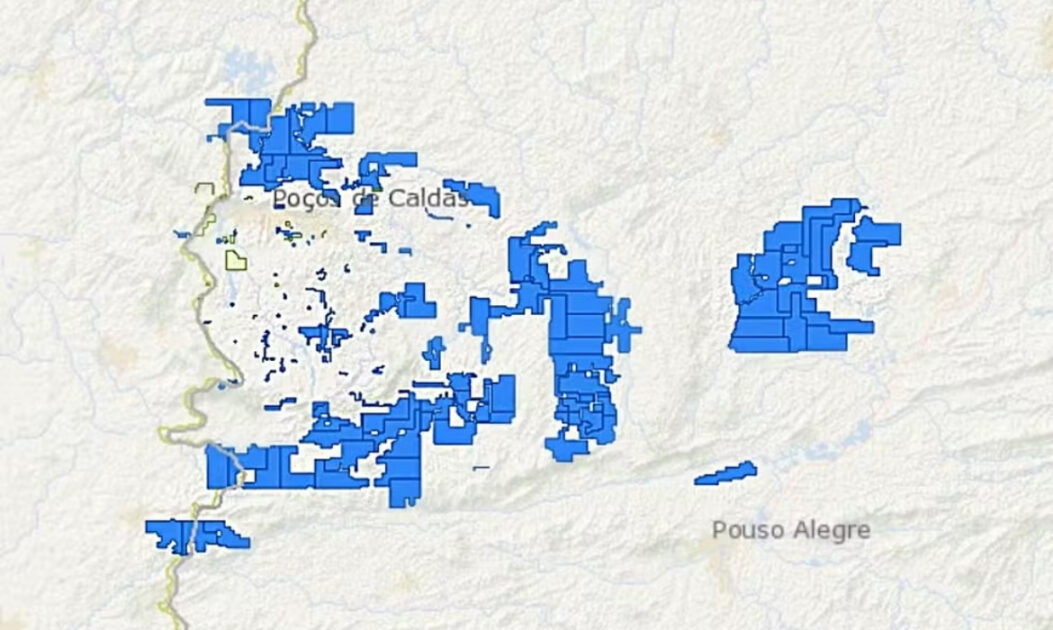 Mapa da região da cratera do vulcão de Poços de Caldas (MG), que tem cerca de 800 km² de extensão. Foto: Agência Nacional de Mineração (ANM)

