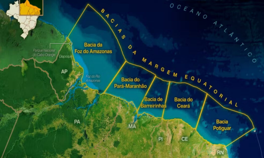 Ministério do Meio Ambiente justifica licença da Petrobras para perfuração na Foz do Amazonas 1 Mapa com os Estados das Bacias da Margem Equatorial, Petrobras pretende iniciar exploração de petróleo na Foz do Amazonas.