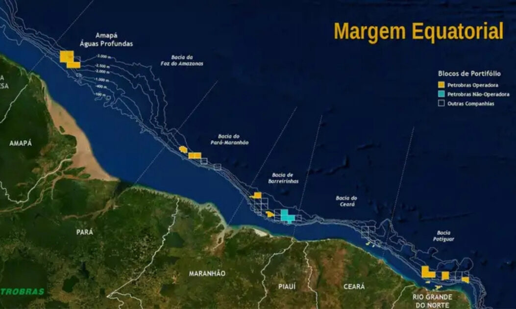 Mapa da Margem Equatorial brasileira, mostrando a extensão do litoral entre o Rio Grande do Norte e o Amapá, com marcações dos blocos marítimos de exploração da Petrobras e a localização da Bacia da Foz do Amazonas.
