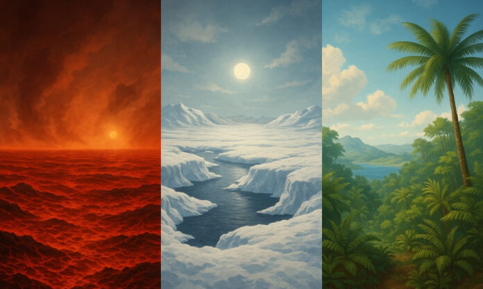 Ilustração artística de três momentos da história climática da Terra, mostrando eventos extremos: formação inicial com oceanos de magma, “Terra Bola de Neve” completamente congelada, períodos de planeta estufa com temperaturas médias de até 34 °C.