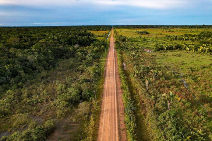 Vista aérea da BR-319 atravessando a floresta amazônica, rodovia que liga Manaus a Porto Velho.