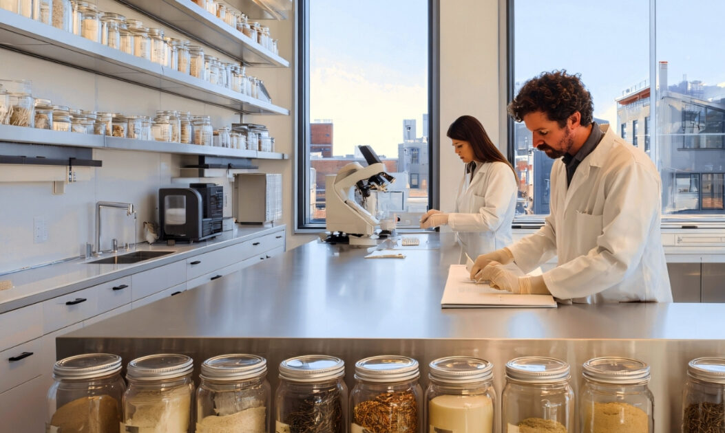 Pesquisador em laboratório analisa amostras.