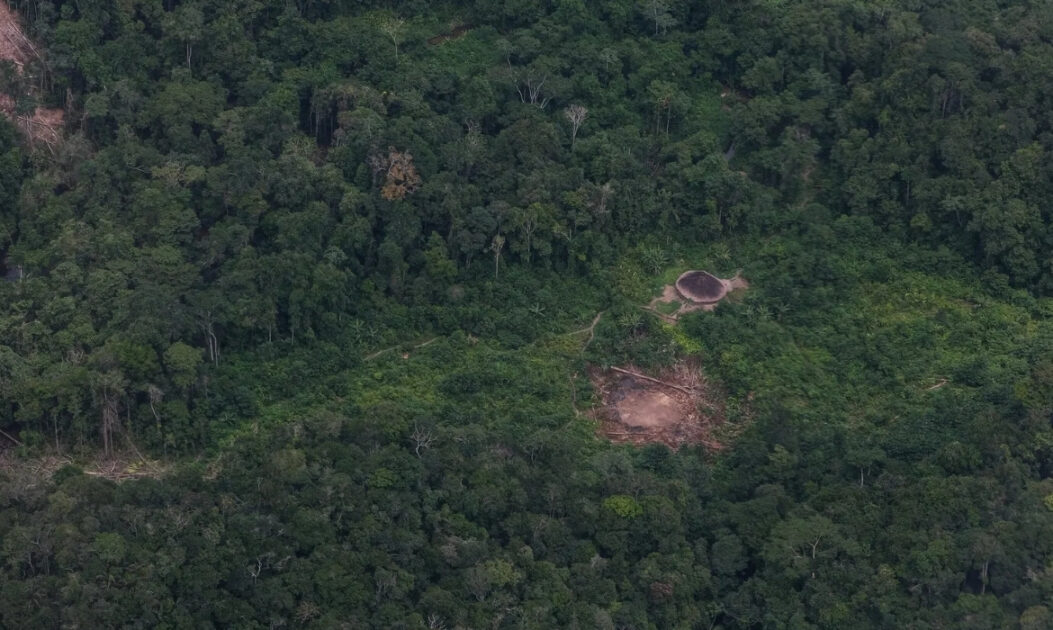 Imagem aérea da Terra Indígena Yanomami, com vasta área de floresta preservada na região norte do Brasil.