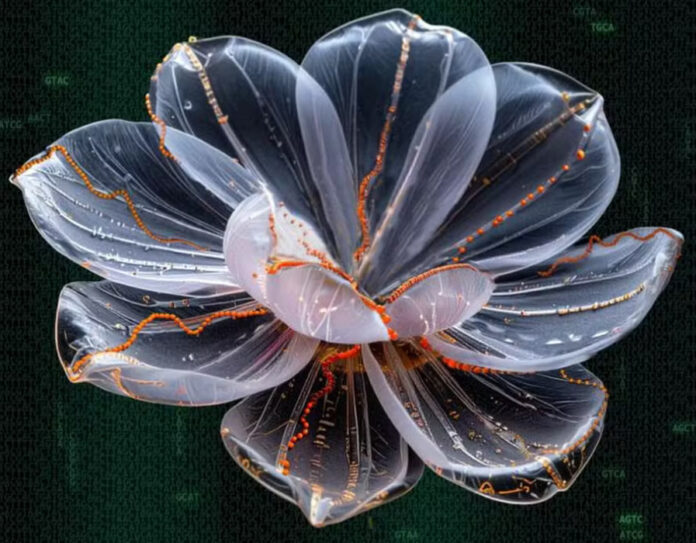 Visualização microscópica das flores de DNA desenvolvidas por Ronit Freeman, exemplo de biomimética aplicada à nanotecnologia.