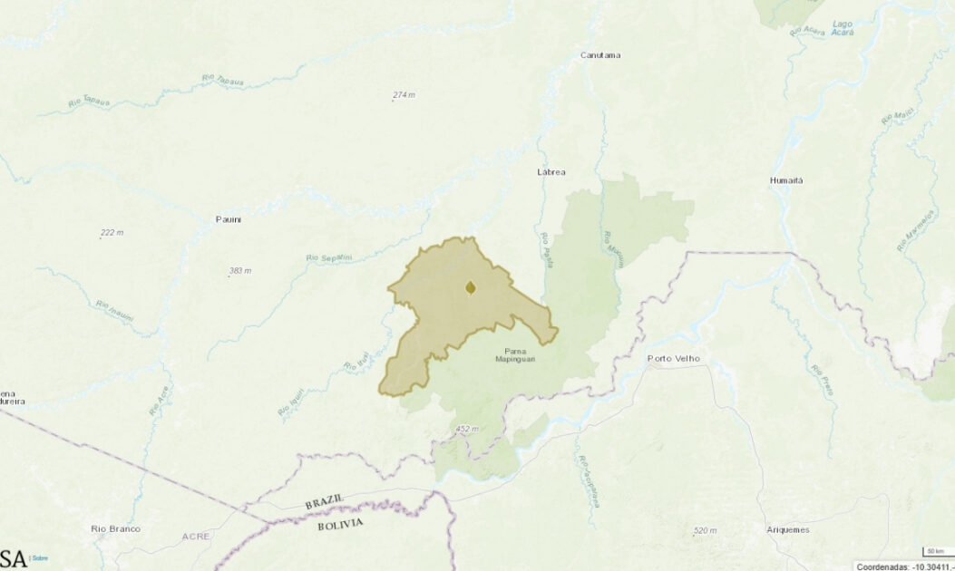Mapa demonstra a localização exata da Reserva Ituxi, ao sul do Amazonas, perto da divisa com Rondônia.