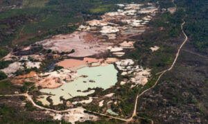 Imagem aérea mostra área degradada por mineração em terras indígenas na Amazônia, com clareiras abertas e solo exposto.