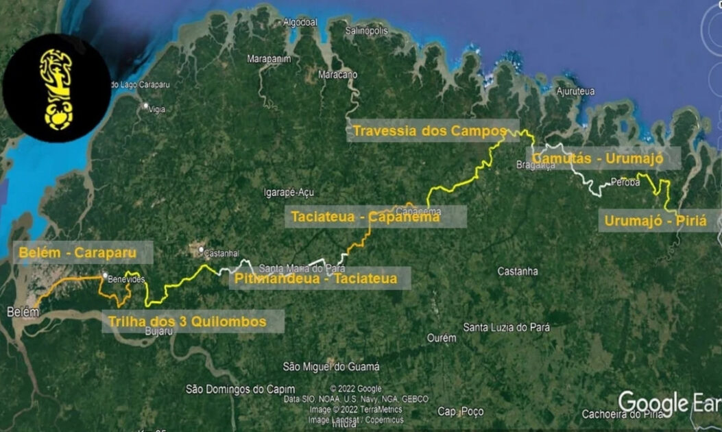 Mapas ilustrativos da Trilha Amazônia Atlântica mostram percurso completo e áreas protegidas ao longo dos 468 km.