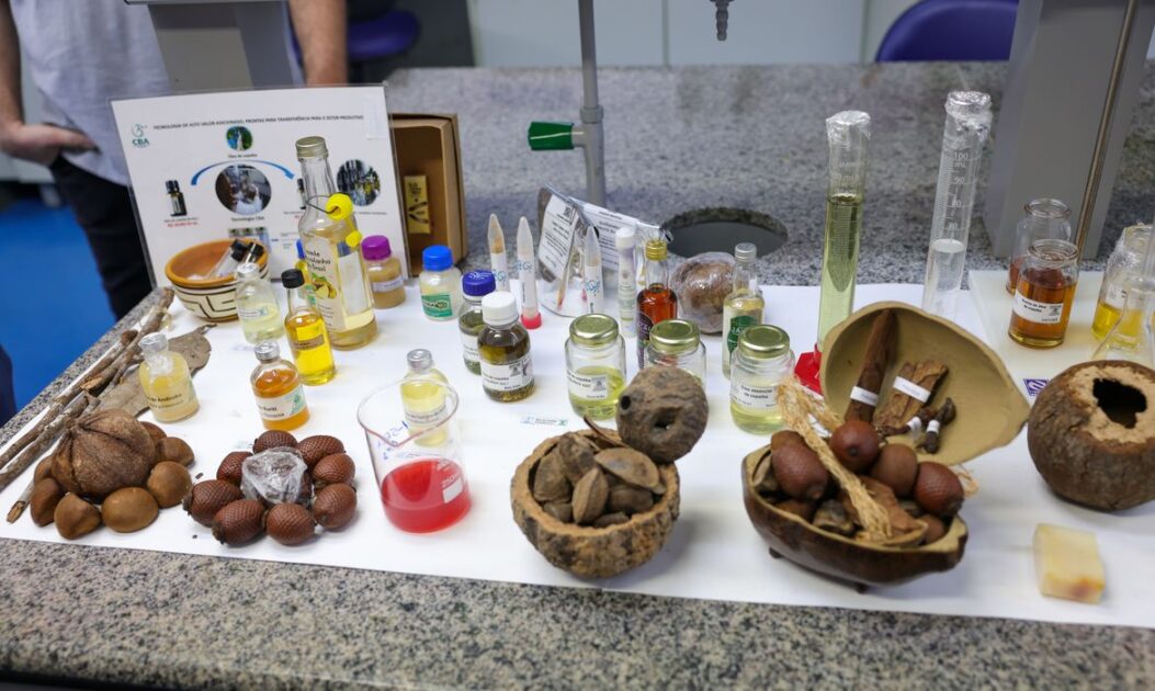 Matérias-primas amazônicas e produtos processados expostos no Centro de Bionegócios da Amazônia, em Manaus.