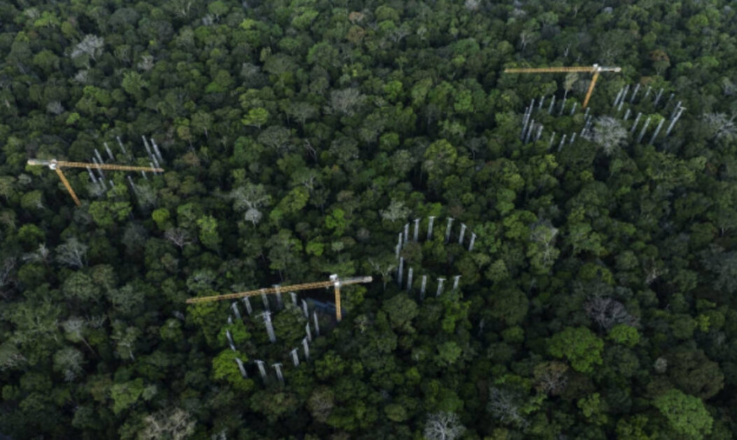 Vista aérea do anel do experimento AmazonFACE, com torres circulares em meio à floresta amazônica.