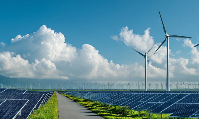 Parque com dezenas de turbinas e painéis solares em paisagem aberta e céu limpo, representando investimento em energia renovável.