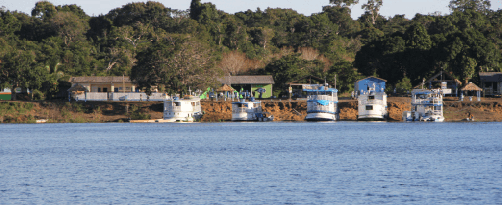 Paisagem da Reserva de Desenvolvimento Sustentável do Uatumã, no Amazonas, onde o Idesam promove o uso de energia solar em comunidades ribeirinhas.