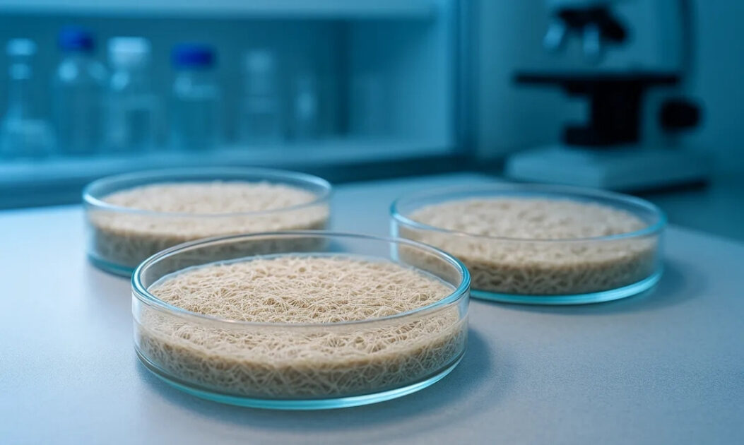 Micoproteína à base de fungo em amostra laboratorial, com textura semelhante à carne e menor pegada de carbono.