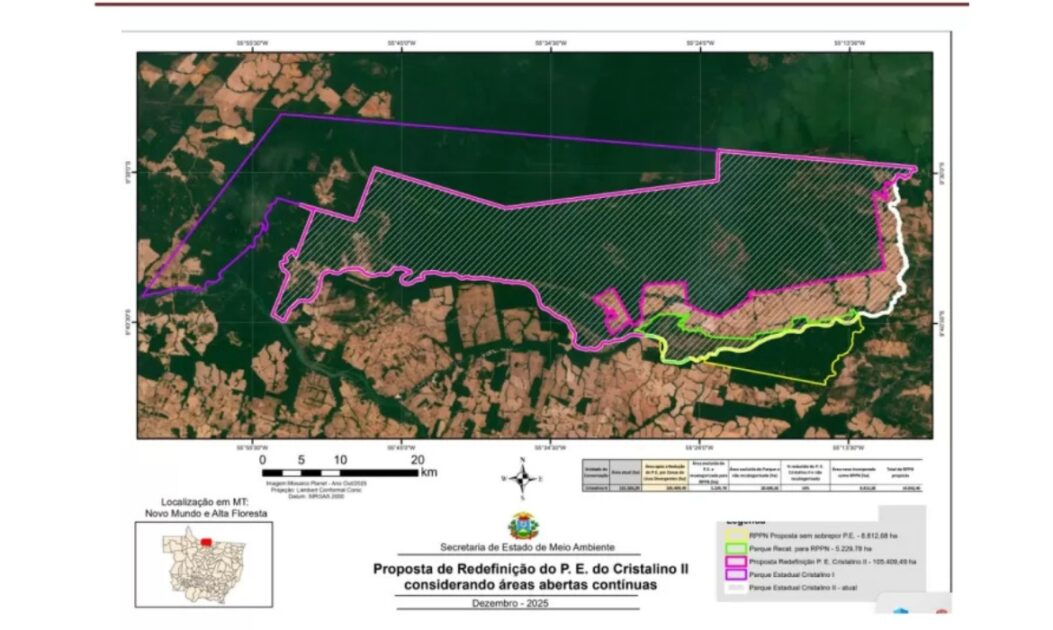 Mapa com proposta de redução do parque Cristalino 2, sugerida em acordo com o maior desmatador da Amazônia.