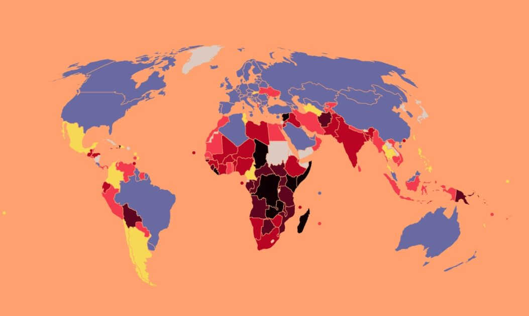 Mapa global com destaque para zonas em risco de crises alimentares graves em 2025.