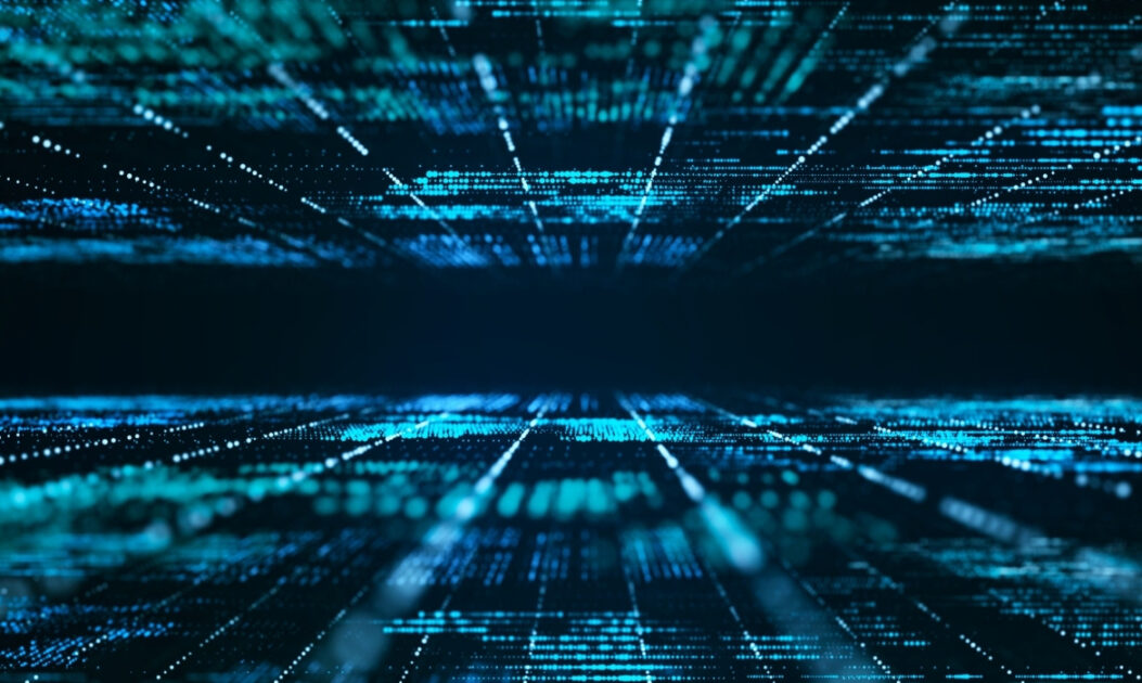 Visual abstrato que representa o fluxo de dados e o processamento digital em data centers usados por sistemas de inteligência artificial.