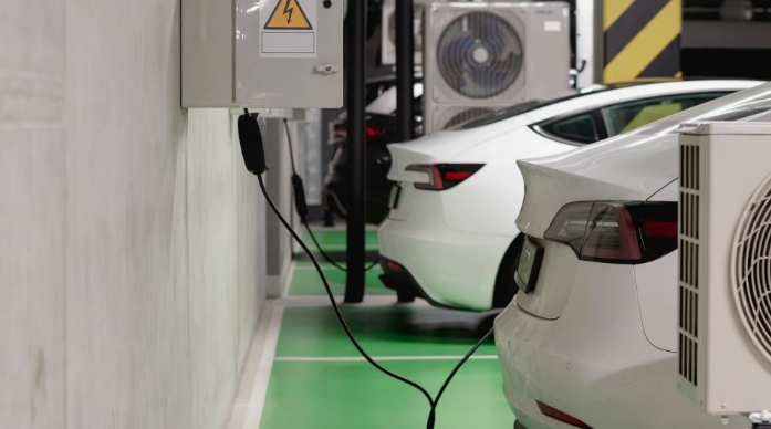 Carros elétricos conectados a pontos de recarga, cenário que representa a transição energética no Brasil na mobilidade urbana.
