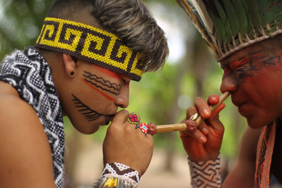 Aplicação de rapé na narina durante ritual tradicional na Amazônia, prática associada aos psicodélicos na Amazônia e a contextos espirituais indígenas. Foto: Agência de Notícias AC.