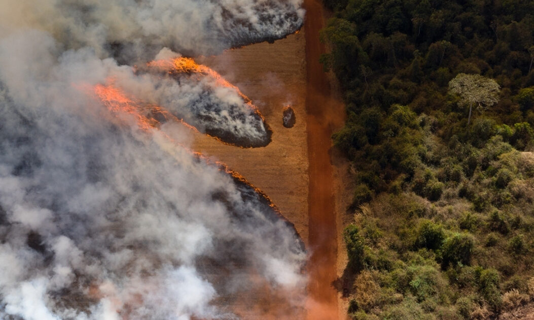 Imagem de fogo e desmatamento no Cerrado, com queimada ativa e áreas convertidas para expansão agrícola.