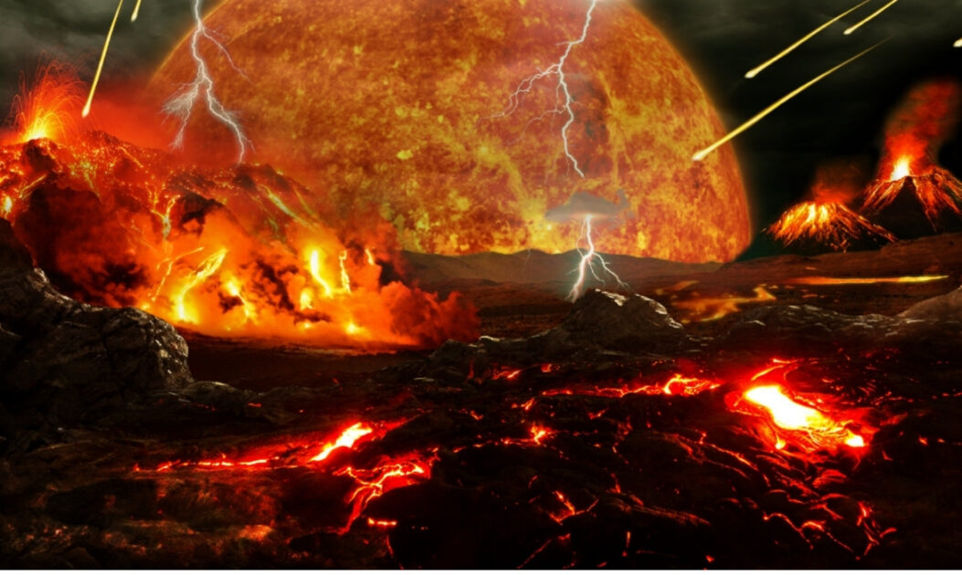 Ilustração do período Hadeano mostra o impacto entre a Terra primitiva e um corpo celeste que pode ter influenciado a formação dos oceanos e da Lua.