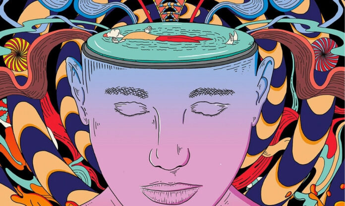 Ilustração colorida representa cérebro humano em estado expandido, simbolizando os efeitos dos psicodélicos na mente e nas conexões neurais.
