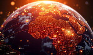 Globo terrestre com pontos de conexão digitais ilustrando a rede global de cabos submarinos e o fluxo internacional de dados.