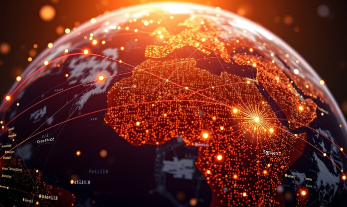 Globo terrestre com pontos de conexão digitais ilustrando a rede global de cabos submarinos e o fluxo internacional de dados.