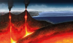 Ilustração da Terra primitiva, contexto da origem dos oceanos.