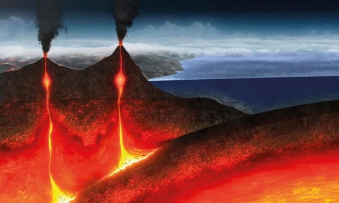 Ilustração da Terra primitiva, contexto da origem dos oceanos.