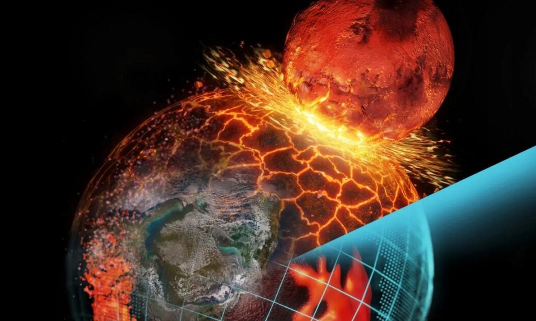 Ilustração mostra fragmentos do planeta Theia no manto da Terra, hipótese ligada à origem dos oceanos e à formação da Lua.