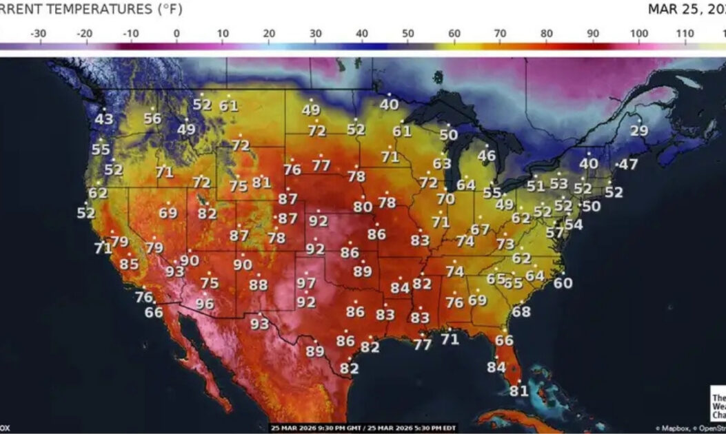 Mapa de temperaturas atuais indicando a onda de calor nos Estados Unidos e áreas com calor extremo.