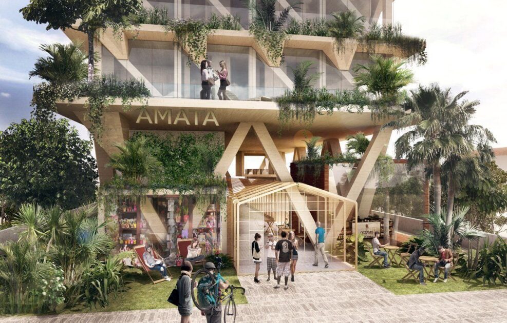 Projeto do Edifício Amata em São Paulo, construção em madeira engenheirada (CLT), exemplo de uso sustentável de recursos florestais sem substituir a floresta em pé.