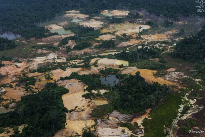 Área de garimpo na região de Waikás, na Terra Indígena Yanomami, evidenciando impactos da mineração em terras indígenas na Amazônia.